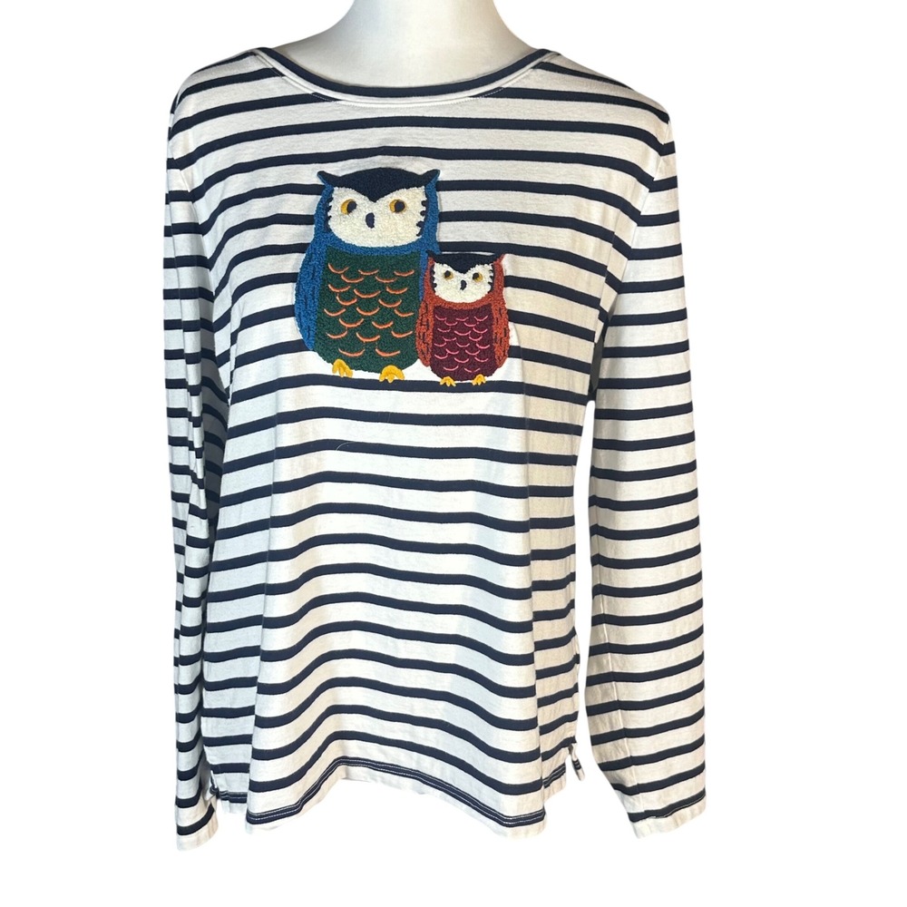 Talbots Long Sleeve‎ Tee Women XL Navy White Striped Embroidered Owl Graphic